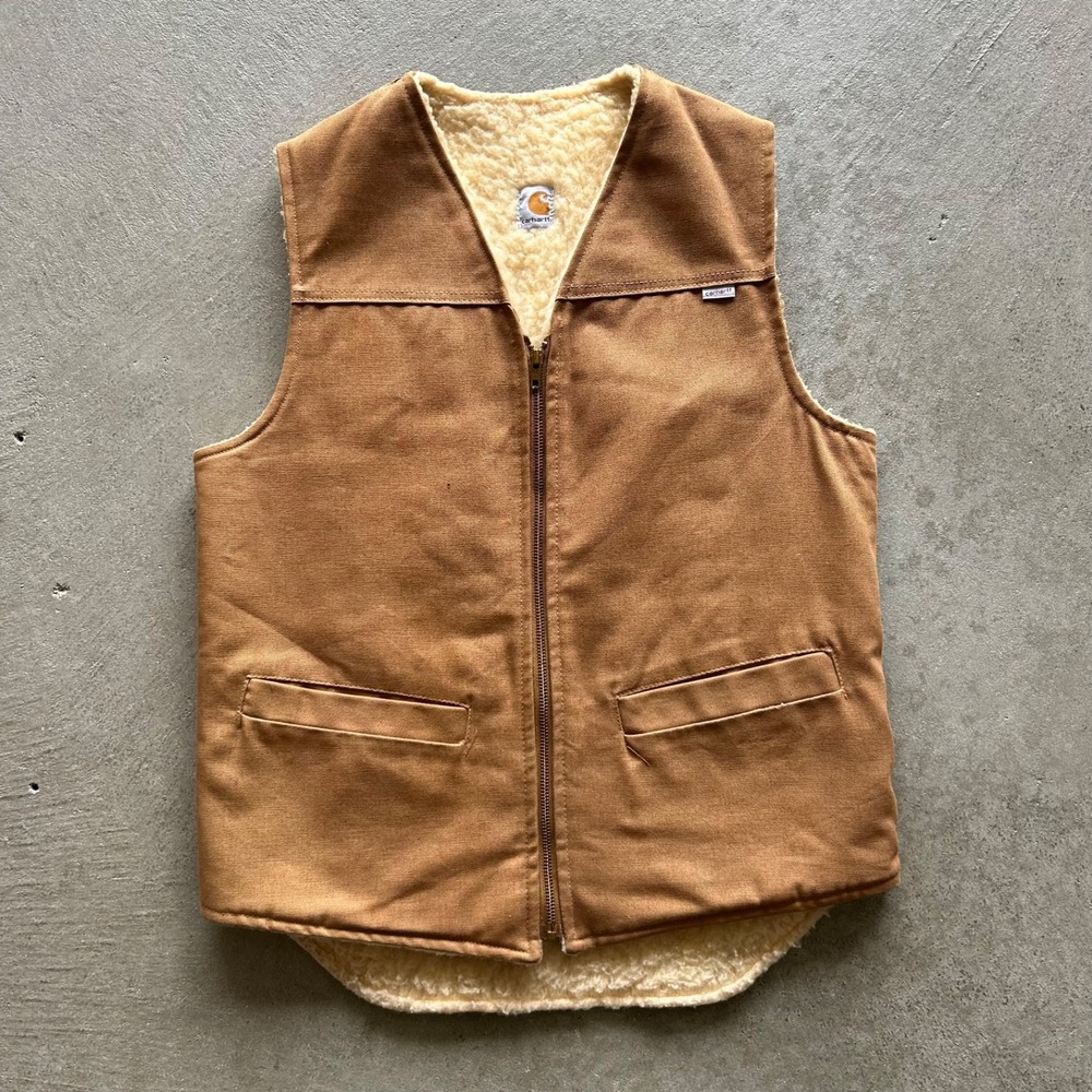 Vintage 80s Carhartt Vest Size Medium Tall Tan Duck Canvas Sherpa Lined Jacket